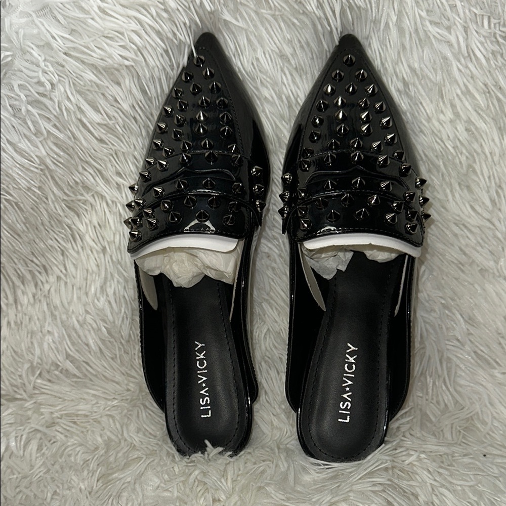 Lisa Vicky Black Studded Mules with Pointed Toe